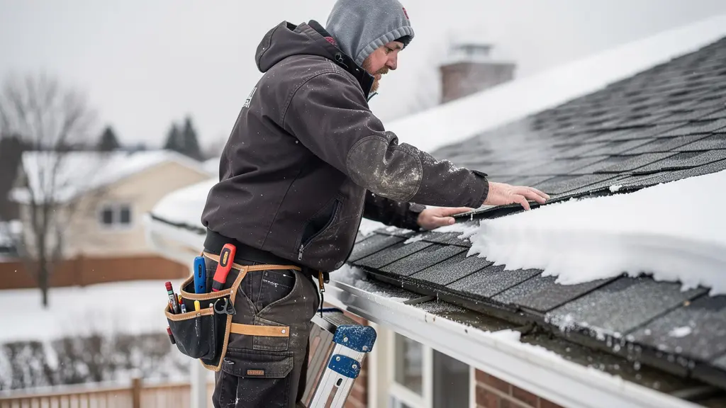 Couvreur professionnel inspectant toiture bardeaux enneigée maison québécoise