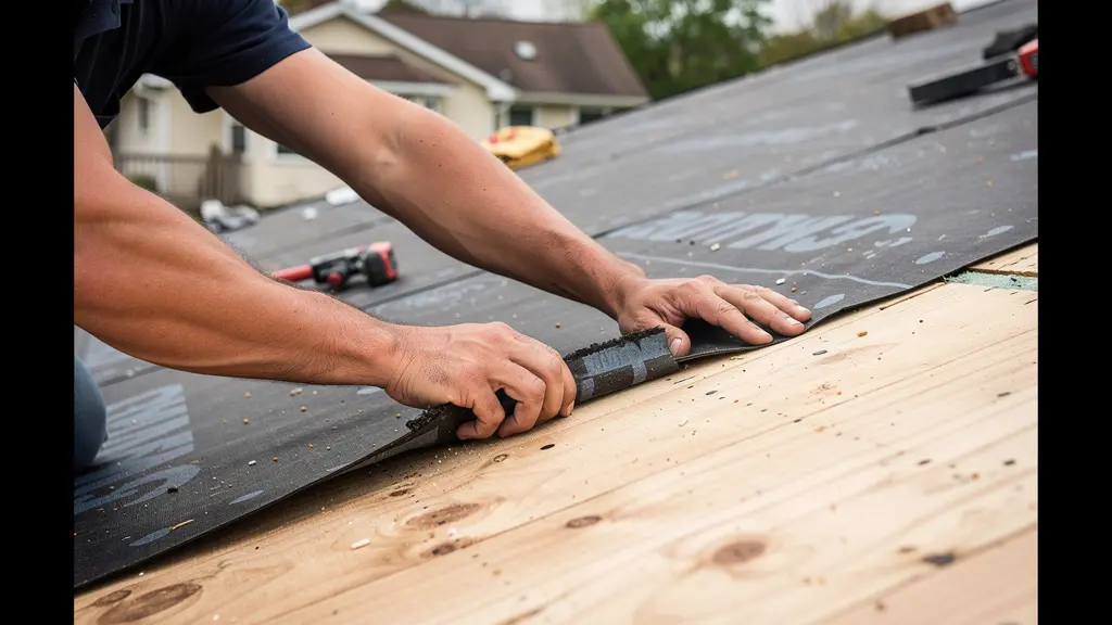 Couvreur installant membrane d'étanchéité sous bardeaux sur toit en pente