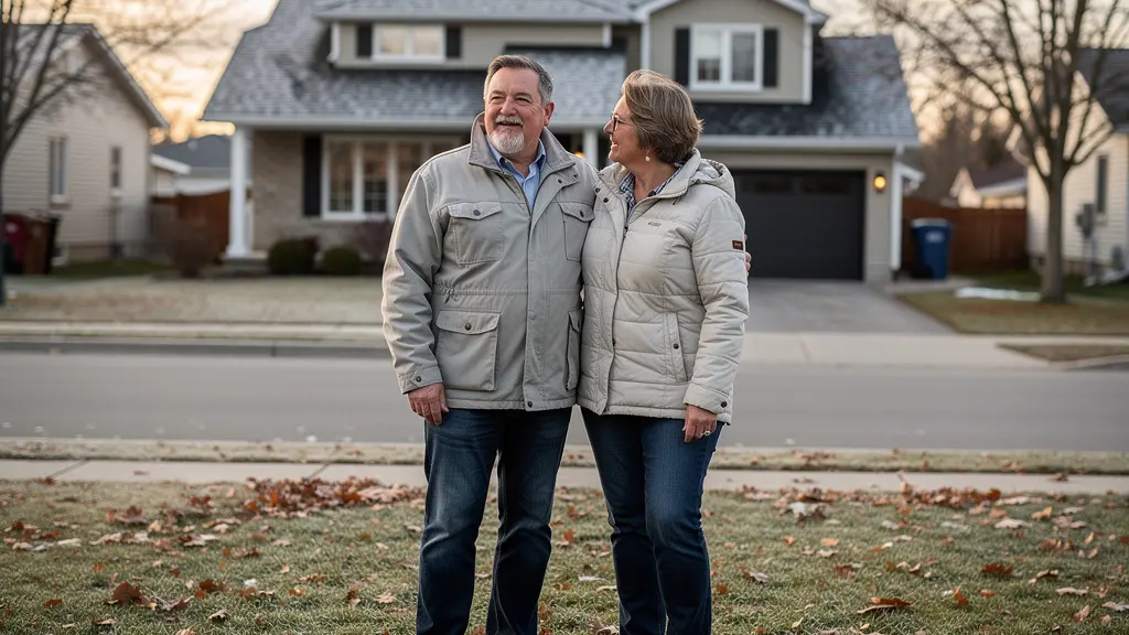 Couple propriétaire devant maison rénovée avec nouvelle toiture bardeaux