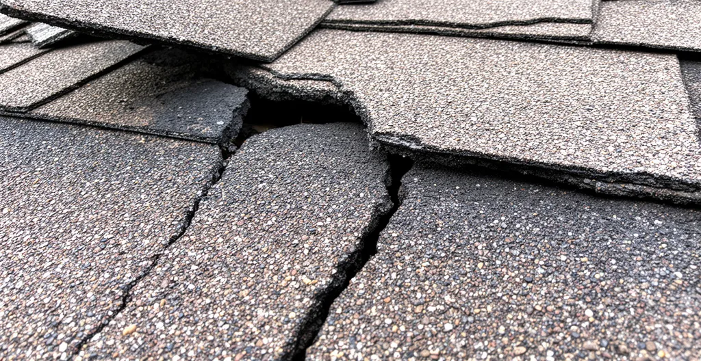 Détail de bardeaux d'asphalte fissurés et soulevés après cycles gel-dégel au Québec