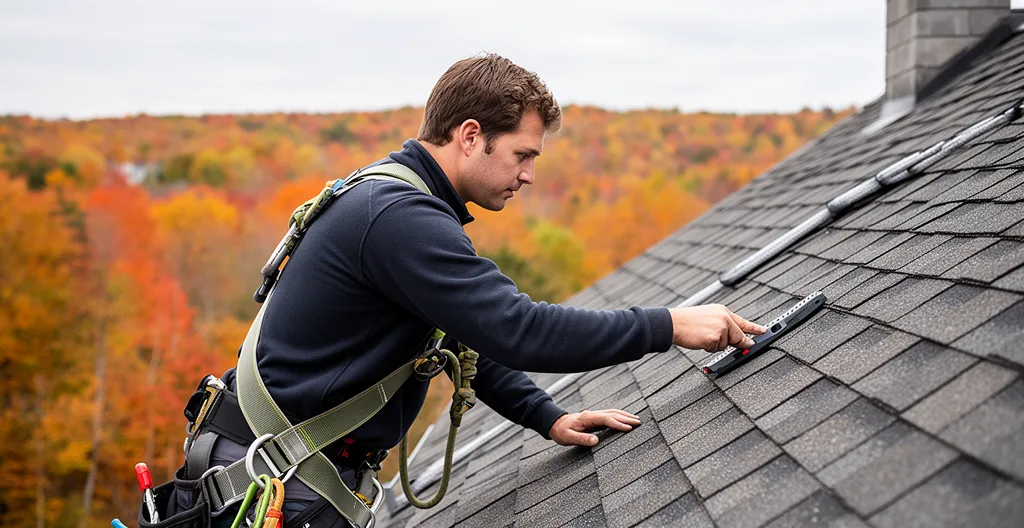 Couvreur québécois avec harnais de sécurité inspectant des bardeaux sur toiture résidentielle