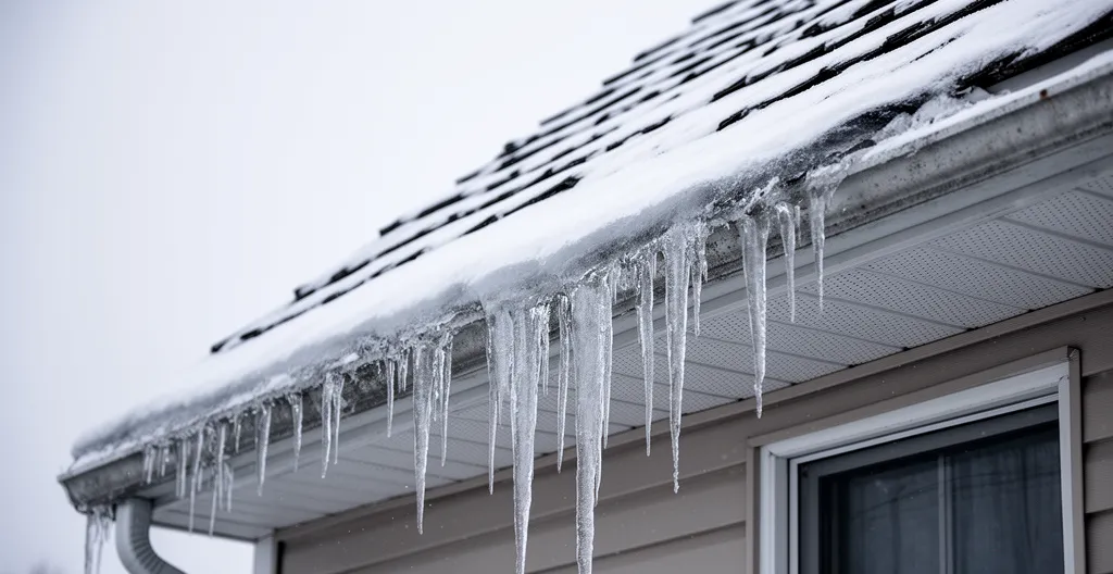 Formation de digue de glace avec glaçons sur bordure de toiture résidentielle au Québec en hiver